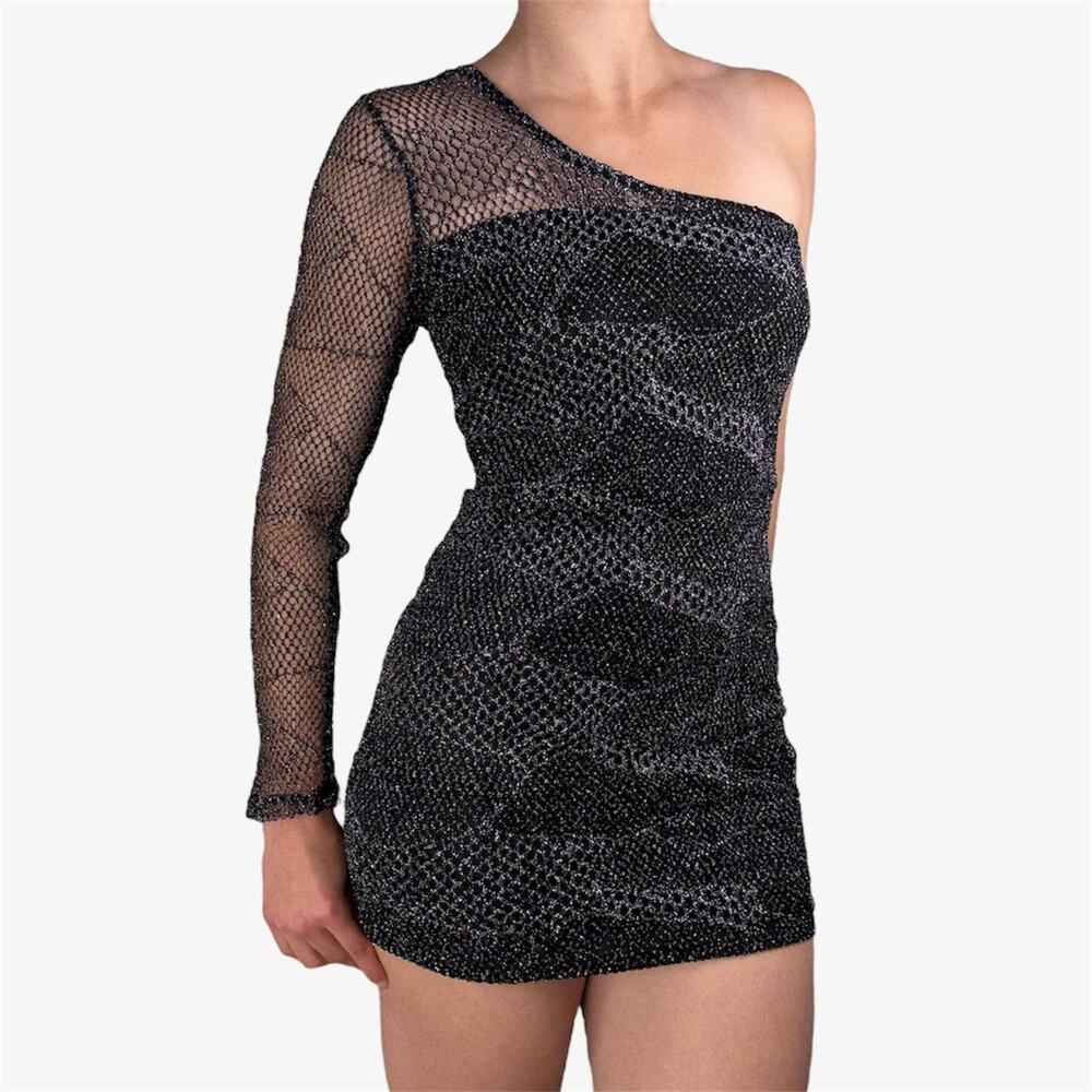 Black mesh one shoulder bodycon mini party dress silver sparkle